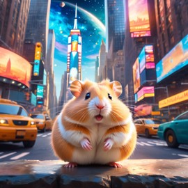 syrian hamster in new york depicted in ethereal fantasy art, with a magical and celestial backdrop.