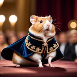 syrian hamster strutting down the fashion show catwalk stage in a luxurious velvet cape with gold embroidery, high energy and majestic.