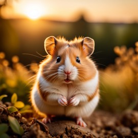 syrian hamster in golden hour light, highlighting their beauty in nature with a moody and detailed atmosphere.