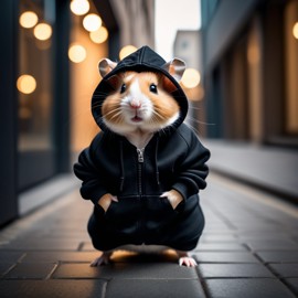 syrian hamster in a black hoodie, set against a modern urban backdrop, emphasizing a stylish and trendy look.