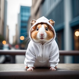 syrian hamster in a white hoodie, showcasing a modern urban setting with a cute and stylish look.