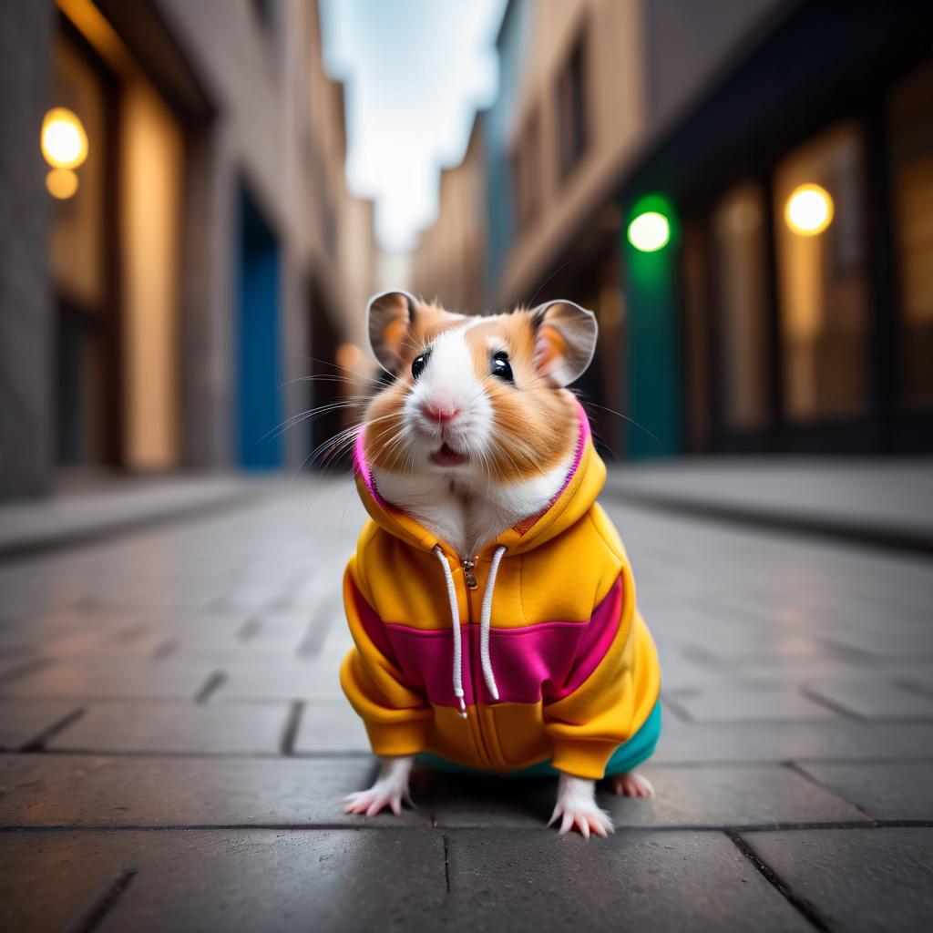 syrian hamster in a colorful hoodie, set in a modern urban environment with a stylish and trendy vibe.