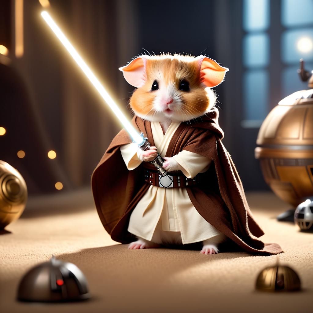 syrian hamster as a jedi knight, featuring a lightsaber and a star wars environment in a high-detail, epic style.