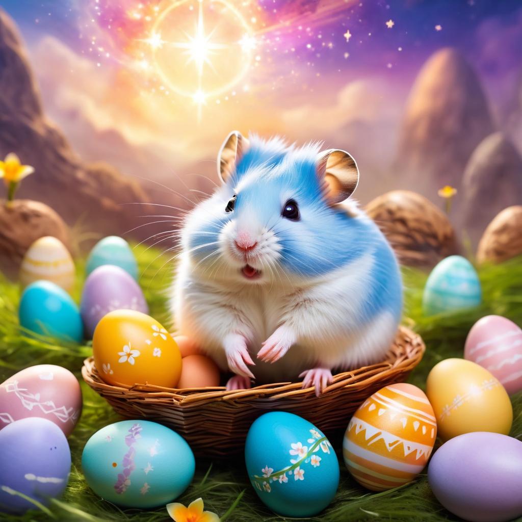 syrian hamster in a magical easter setting with colorful eggs, ethereal and dreamy details.