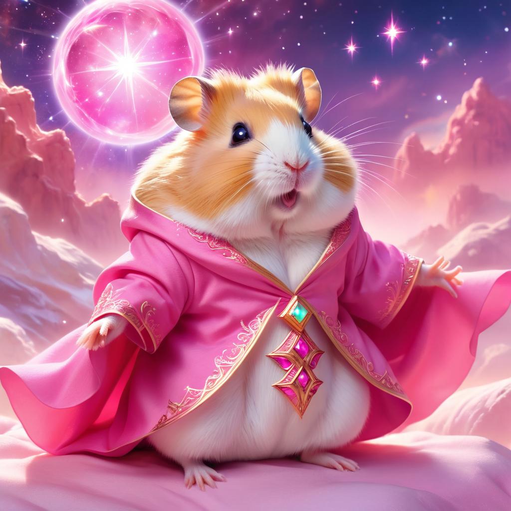 syrian hamster in pink clothing, set in a beautiful pink scene with a dreamy, magical vibe.