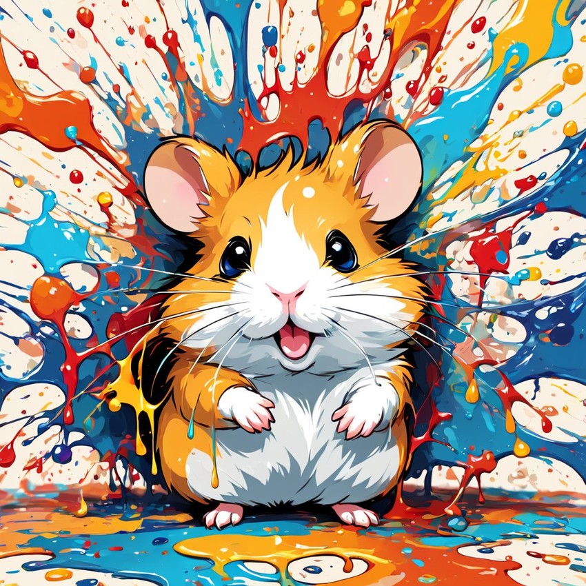 syrian hamster in pollock's drip technique, capturing dynamic and colorful modern art.