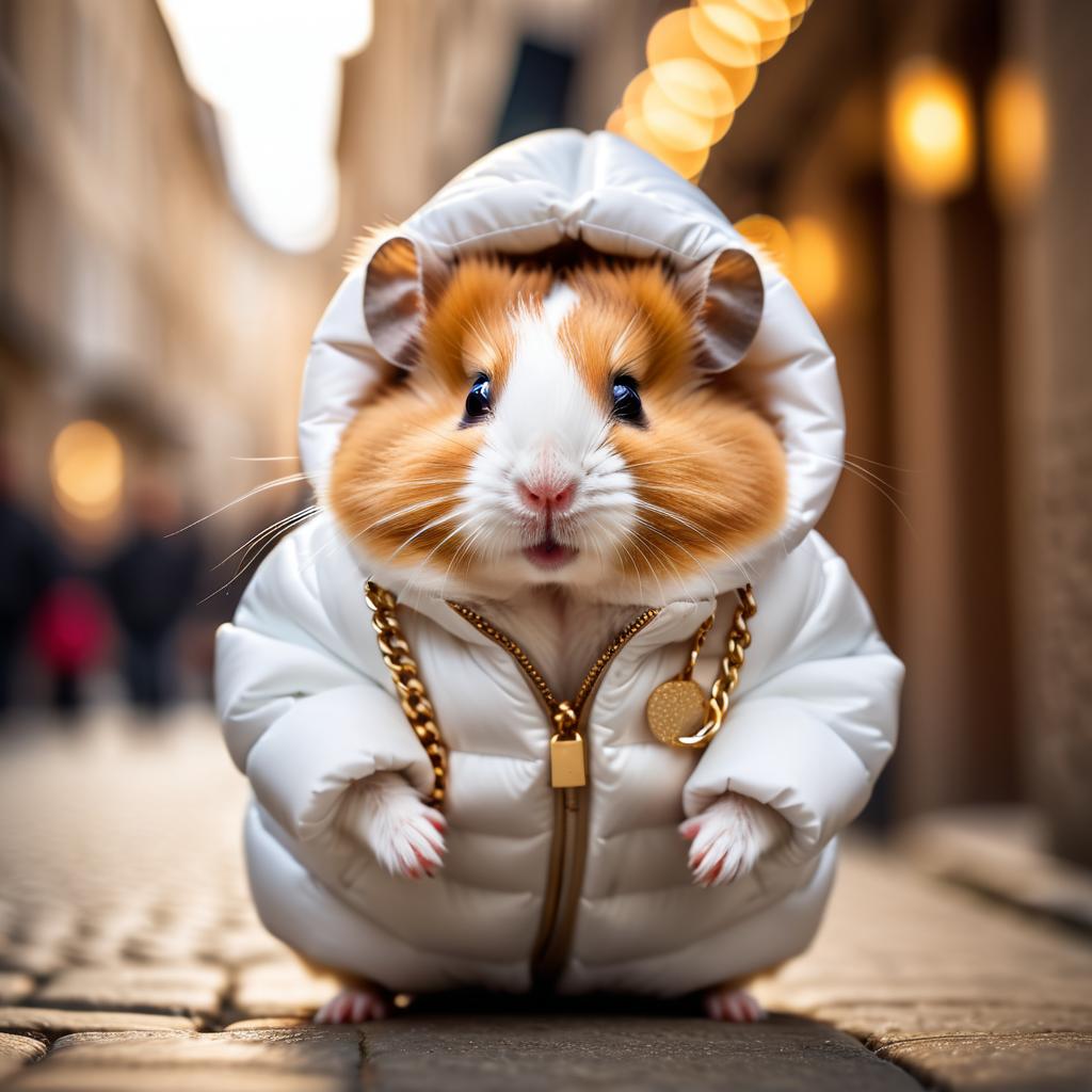 syrian hamster in a large white puffer coat with golden hip hop chains, set in a posh urban environment.