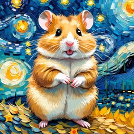 syrian hamster by van gogh, featuring starry night brush strokes, capturing a cute and happy expression.