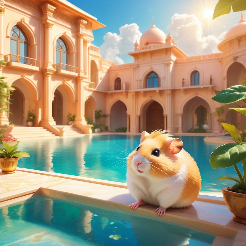 syrian hamster suntanning next to a luxurious villa pool, capturing a posh and magical moment.