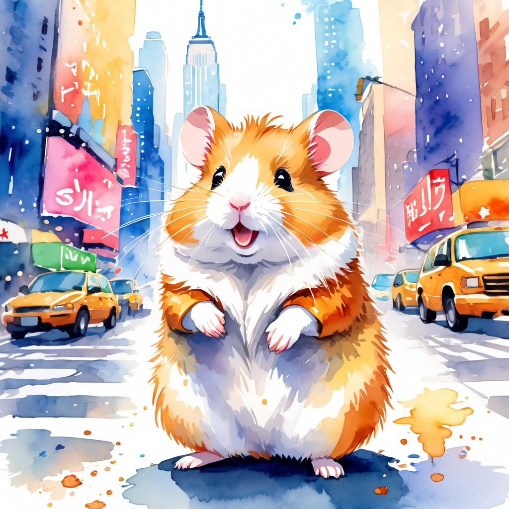 syrian hamster in new york, rendered in a vibrant watercolor illustration, with a highly detailed and happy depiction.