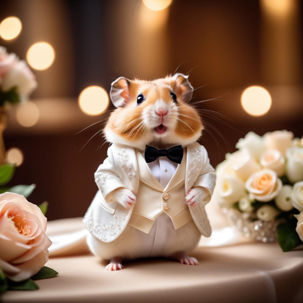 syrian hamster in a beautiful wedding suit, capturing a cute and happy moment in a romantic environment.