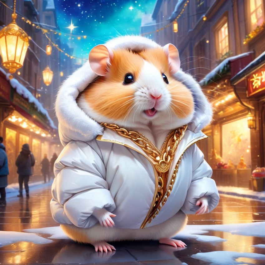 syrian hamster in a white puffer coat with golden hip hop chains, in a posh urban environment, looking cute and happy.