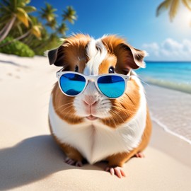 teddy guinea pig on a beautiful beach with white sand and blue sea, wearing sunglasses.