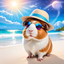 teddy guinea pig on a beach with white sand and blue sea, wearing sunglasses and summer hat.