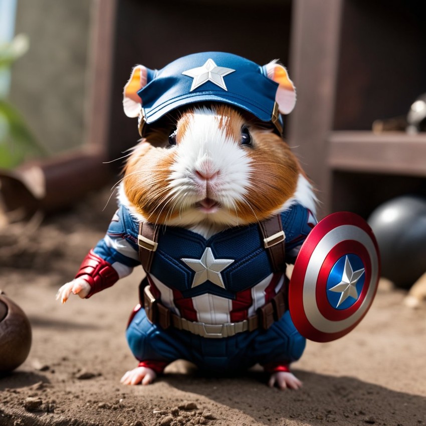 teddy guinea pig as captain america from avengers, in action, cute and happy.