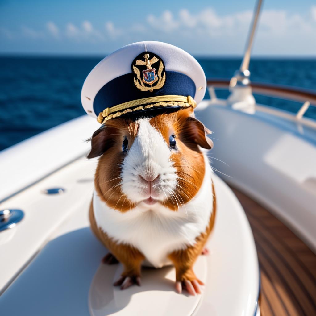 teddy guinea pig as a captain on a luxury yacht, wearing captain uniform, against a blue sea.