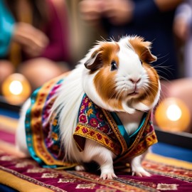 teddy guinea pig strutting down the fashion show catwalk stage in a colorful bohemian outfit with flowing fabrics, high energy and joyful.