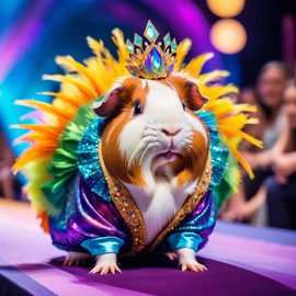 teddy guinea pig strutting down the fashion show catwalk stage in an extravagant cosmic-themed outfit with iridescent fabrics, high energy and extravagant.