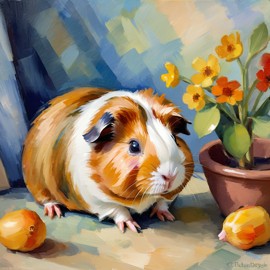 teddy guinea pig in the style of cezanne, highlighting classic brush strokes and an elegant, timeless look.