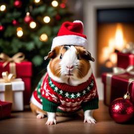 teddy guinea pig in a christmas sweater and santa hat, festive and detailed.