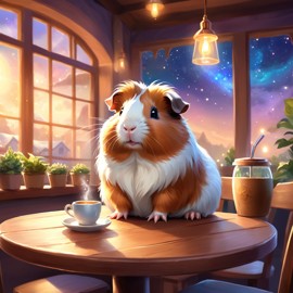 teddy guinea pig sitting in a cozy coffee shop, ethereal and magical.