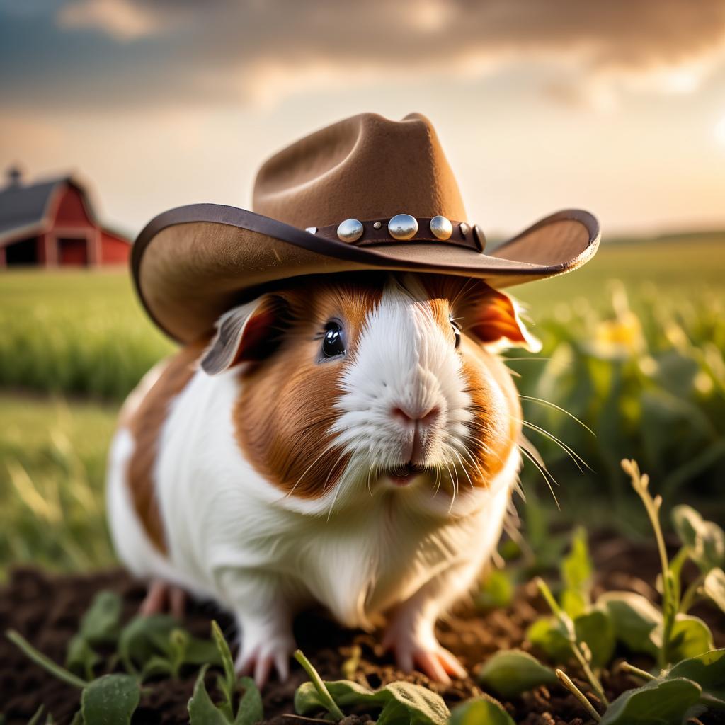 teddy guinea pig as a cowboy wearing a hat, in the midwest countryside, on a farm.