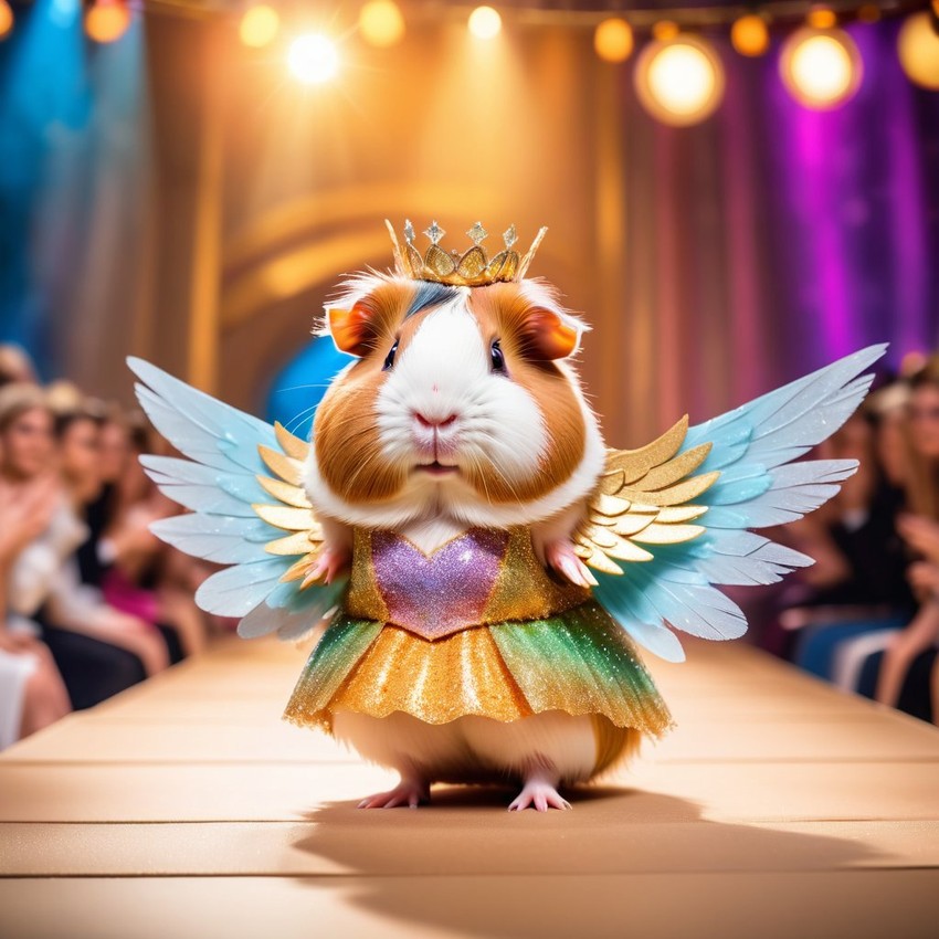 teddy guinea pig strutting down the fashion show catwalk stage in a magical fairytale dress with glittering wings, high energy and magical.