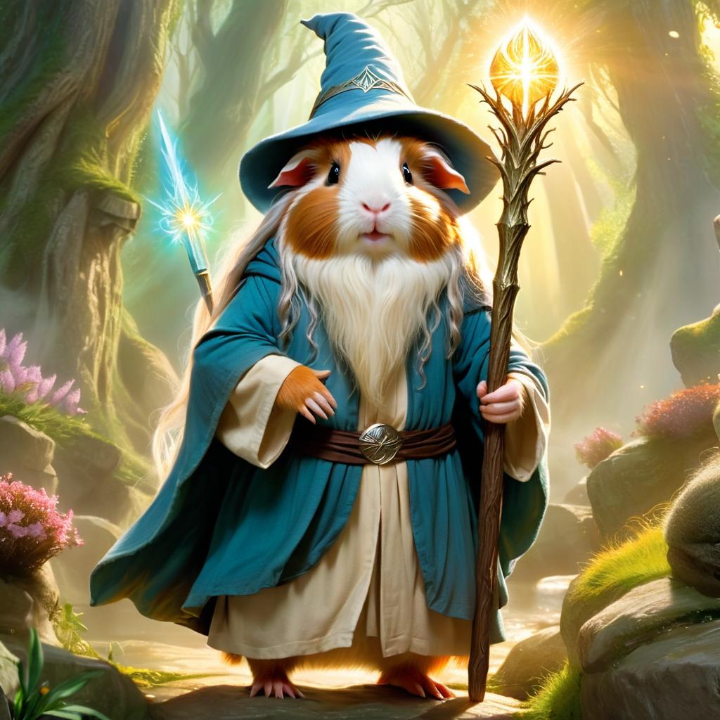 teddy guinea pig as gandalf, with a white beard and magical surroundings, ethereal and majestic.