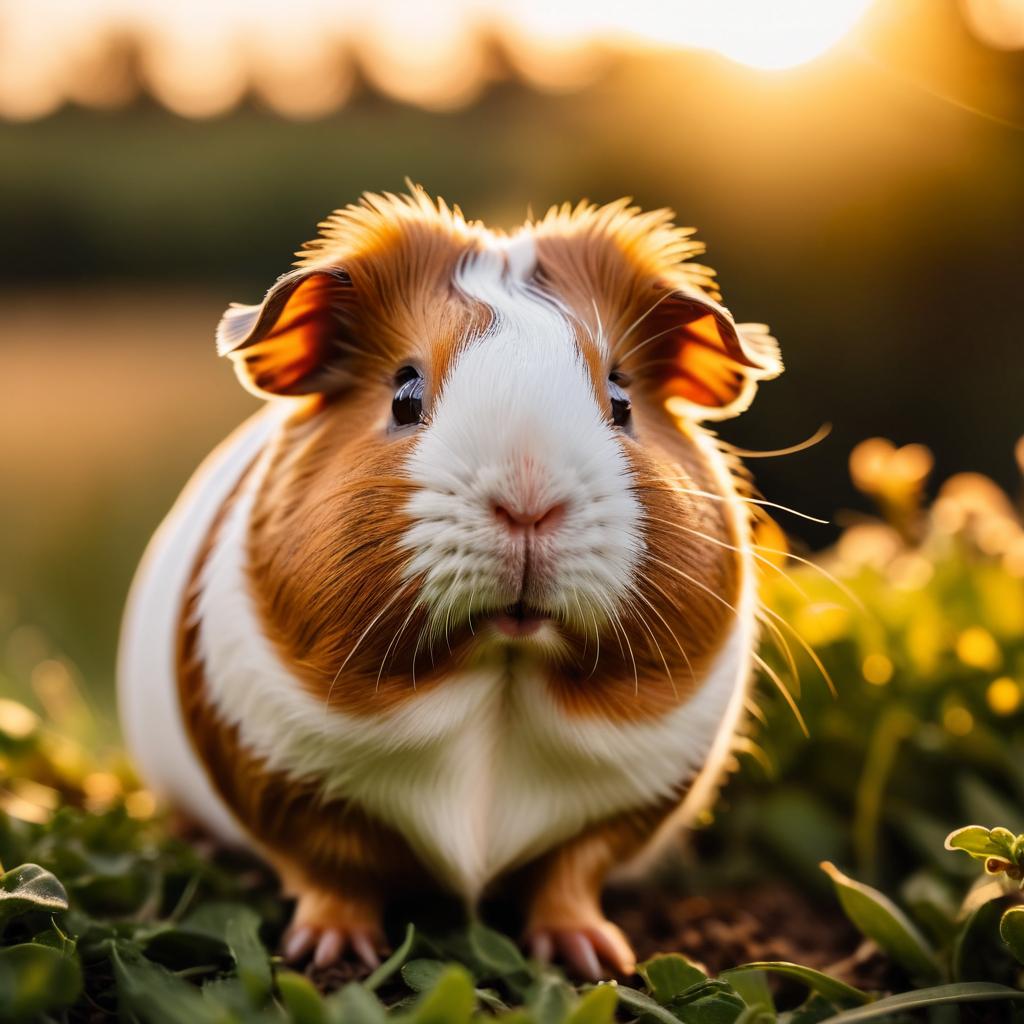 teddy guinea pig in golden hour light, highlighting their beauty in nature with a moody and detailed atmosphere.