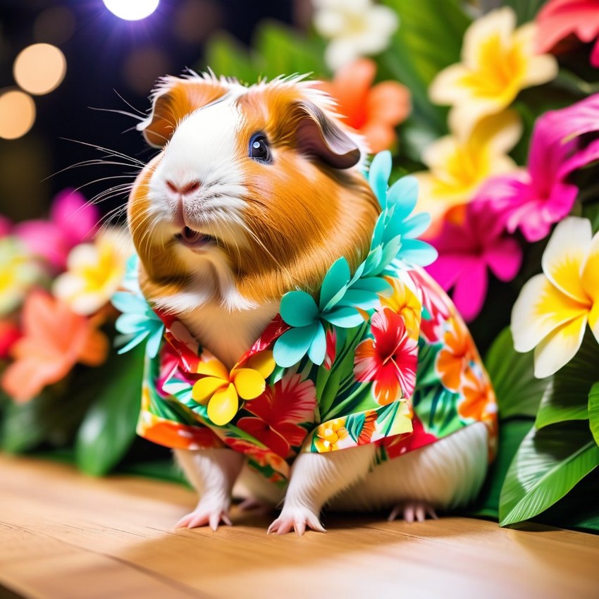 teddy guinea pig strutting down the fashion show catwalk stage in a vibrant hawaiian shirt and a floral lei, high energy and joyful.