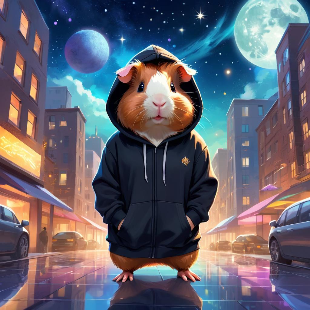 teddy guinea pig in a black hoodie, set in a magical urban environment with a celestial and cute appearance.