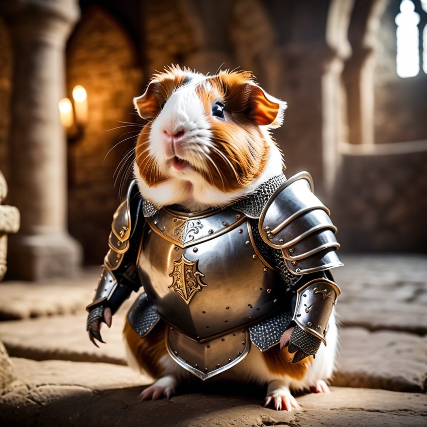 teddy guinea pig as a medieval knight in a cinematic film still, detailed armor, set in a grand medieval castle.