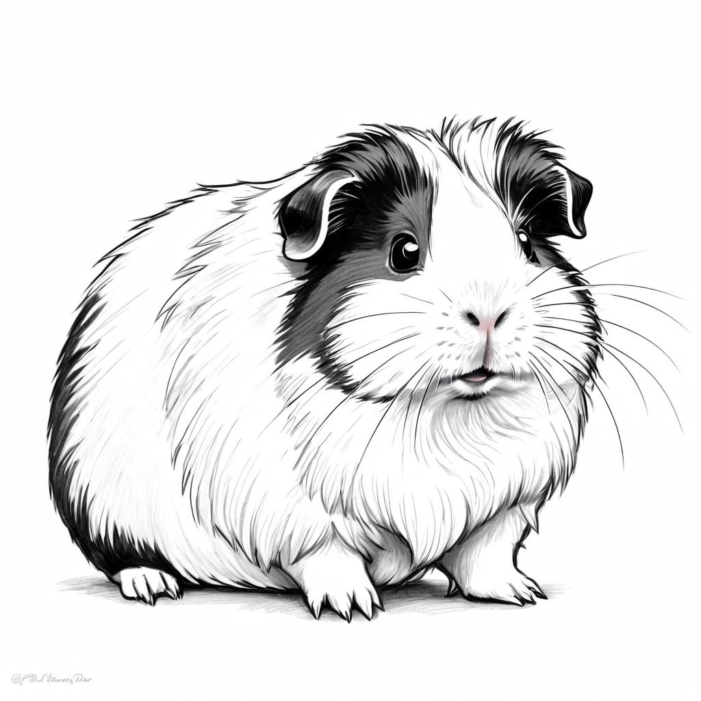 pencil sketch drawing of teddy guinea pig, detailed line art in black and white, capturing a timeless and elegant representation.