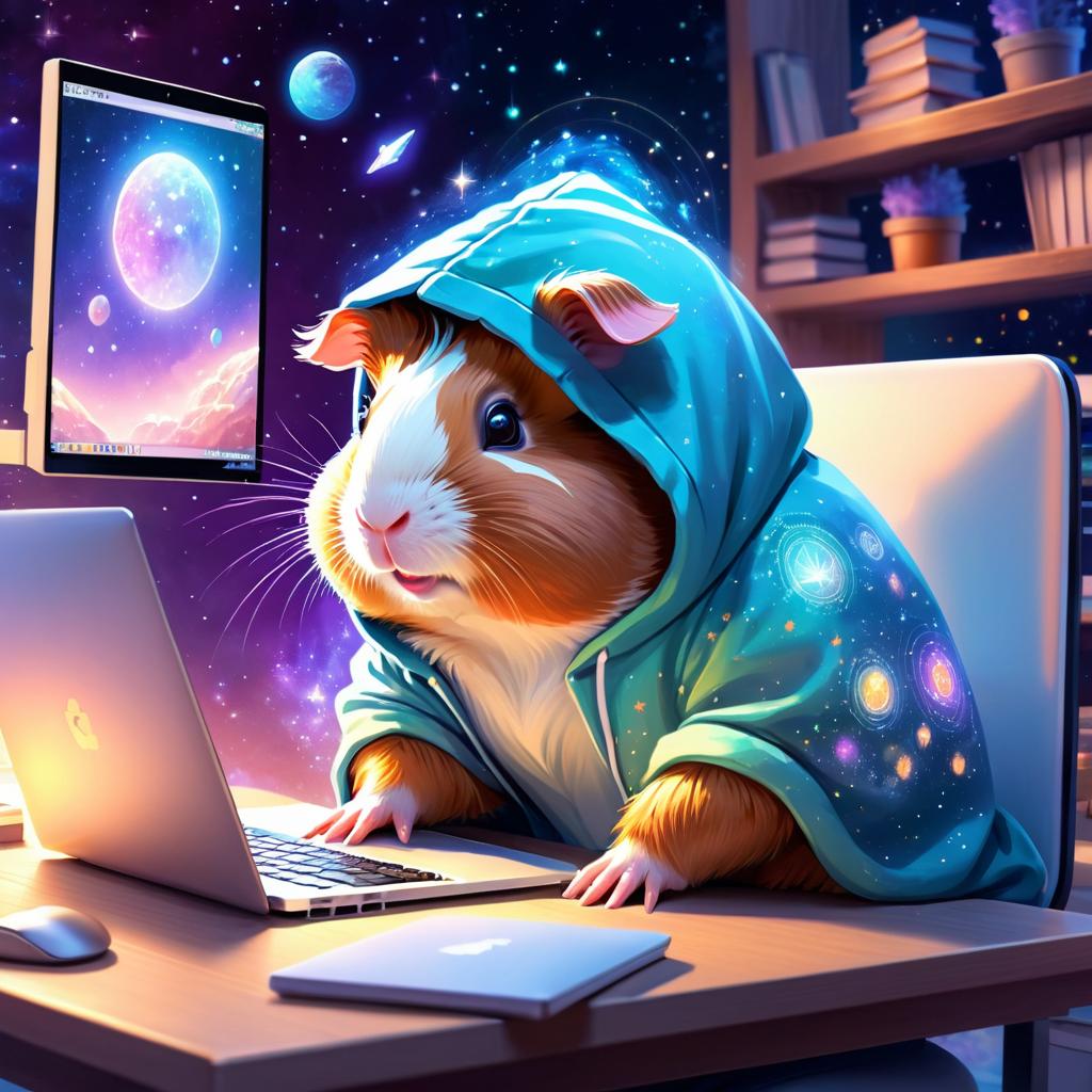 teddy guinea pig as a programmer, working on a laptop in a hoodie, capturing a cute and magical moment.