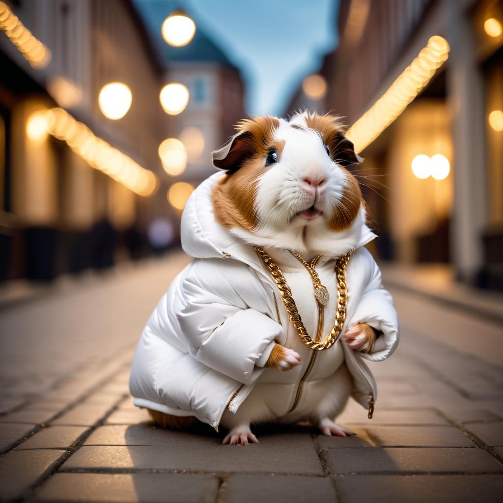 teddy guinea pig in a large white puffer coat with golden hip hop chains, set in a posh urban environment.