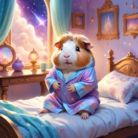 teddy guinea pig in cute pyjamas, relaxing in a posh bedroom, capturing an ethereal and happy moment.