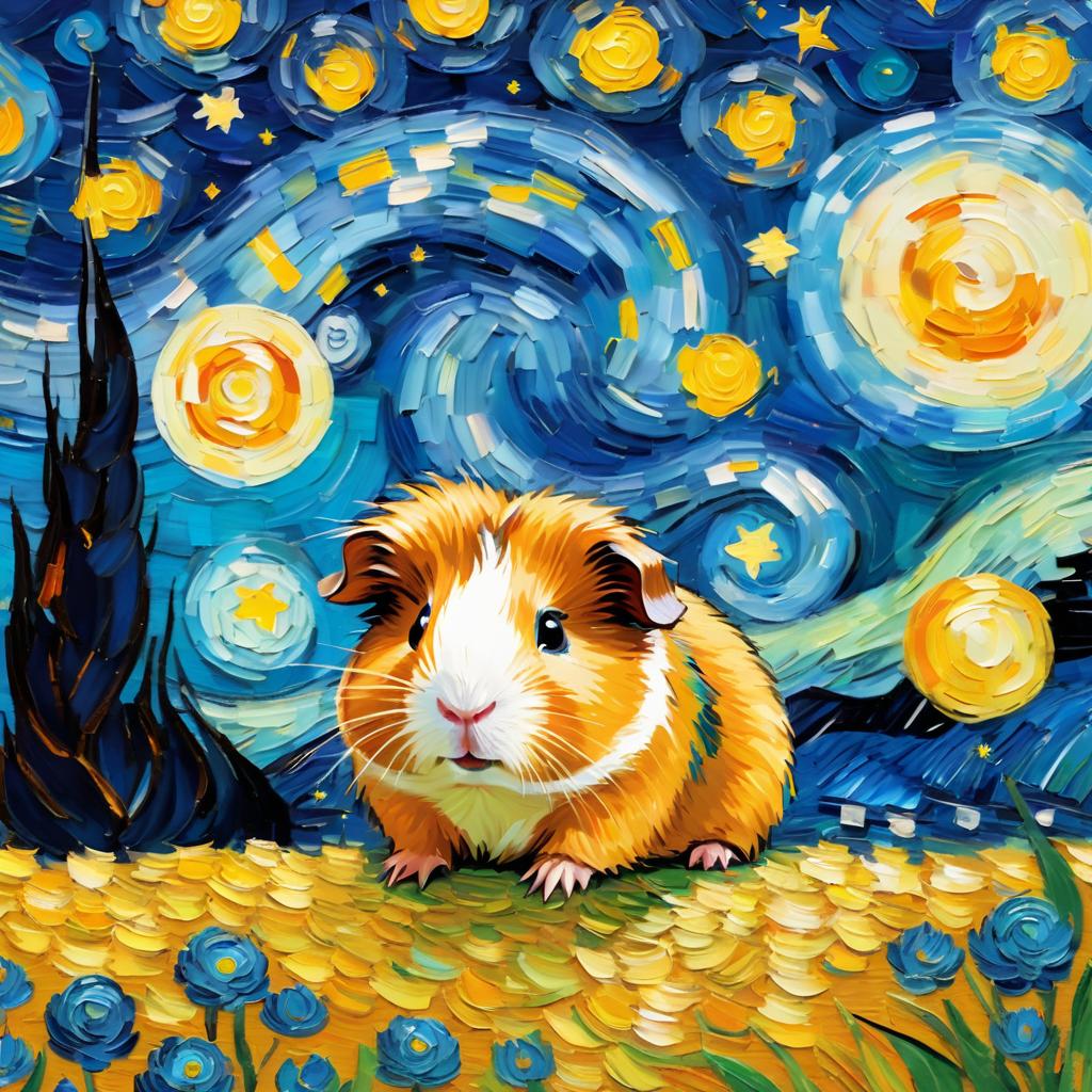 teddy guinea pig by van gogh, featuring starry night brush strokes, capturing a cute and happy expression.