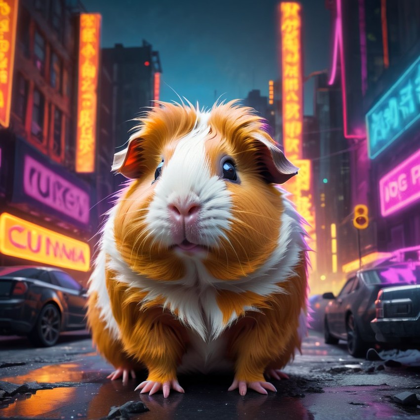 teddy guinea pig in a vibrant neon city with chinapunk style, featuring captivating lighting and a modern, exotic look.