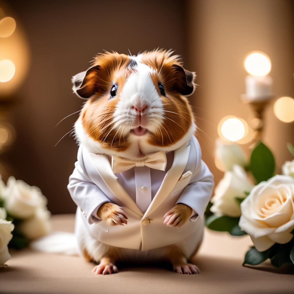 teddy guinea pig in a beautiful wedding suit, capturing a cute and happy moment in a romantic environment.