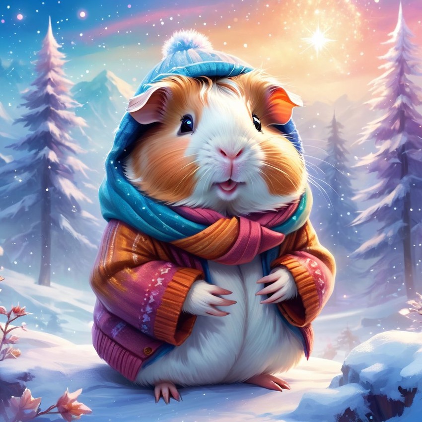 teddy guinea pig in a winter scene, wearing stylish winter clothing, looking cute and happy.