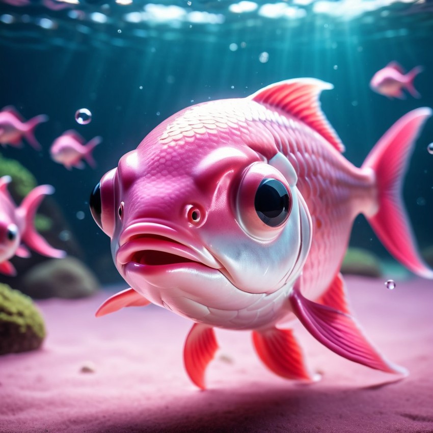 tetra fish dressed in pink clothing, in a beautiful pink scene, radiating joy and cuteness.