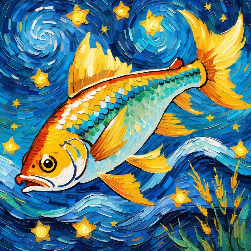 tetra fish by van gogh, featuring starry night brush strokes, capturing a cute and happy expression.