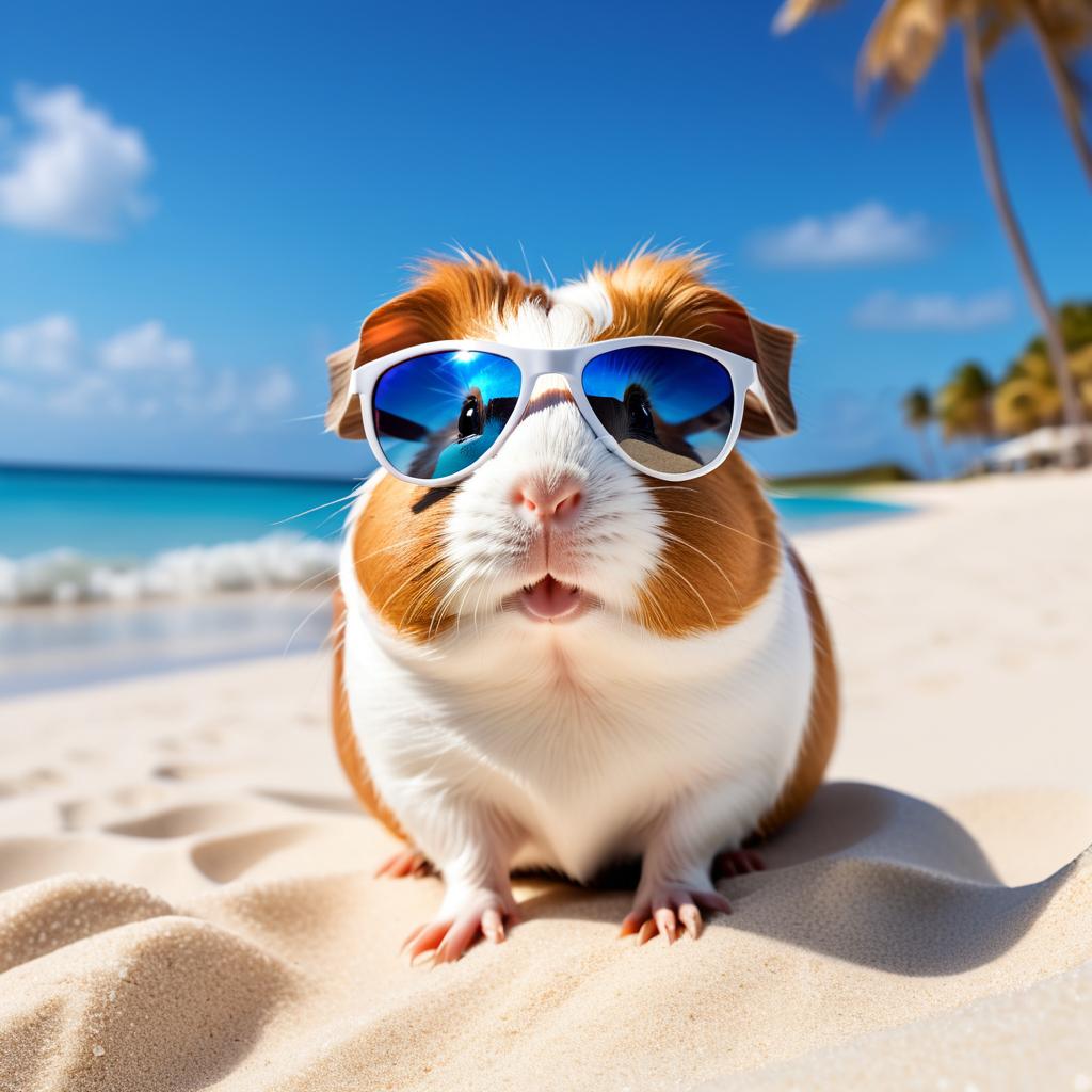 texel guinea pig on a beautiful beach with white sand and blue sea, wearing sunglasses.