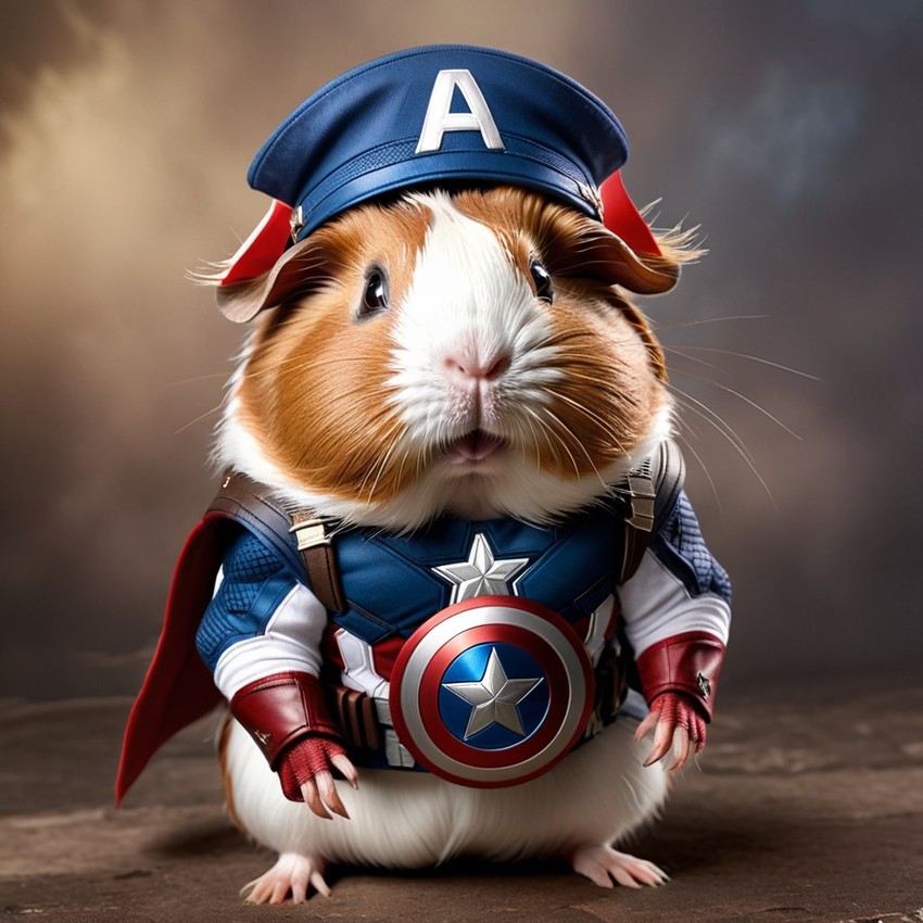 texel guinea pig as captain america from avengers, lifelike and highly detailed.