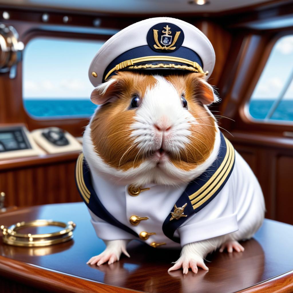 texel guinea pig as a captain on a luxury yacht, wearing captain uniform, highly detailed.