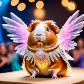 texel guinea pig strutting down the fashion show catwalk stage in a magical fairytale dress with glittering wings, high energy and magical.