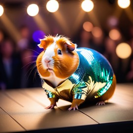 texel guinea pig strutting down the fashion show catwalk stage in a sleek metallic bodysuit with led accents, high energy and dramatic.