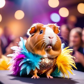 texel guinea pig strutting down the fashion show catwalk stage in a sparkling sequined dress with a feathered boa, high energy and dramatic.