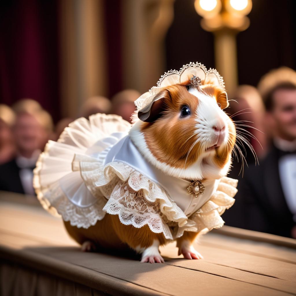 texel guinea pig strutting down the fashion show catwalk stage in a vintage victorian outfit with lace and ruffles, high energy and majestic.