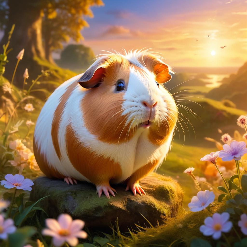 texel guinea pig during golden hour, with a celestial and magical atmosphere, capturing their beauty in a dreamy setting.